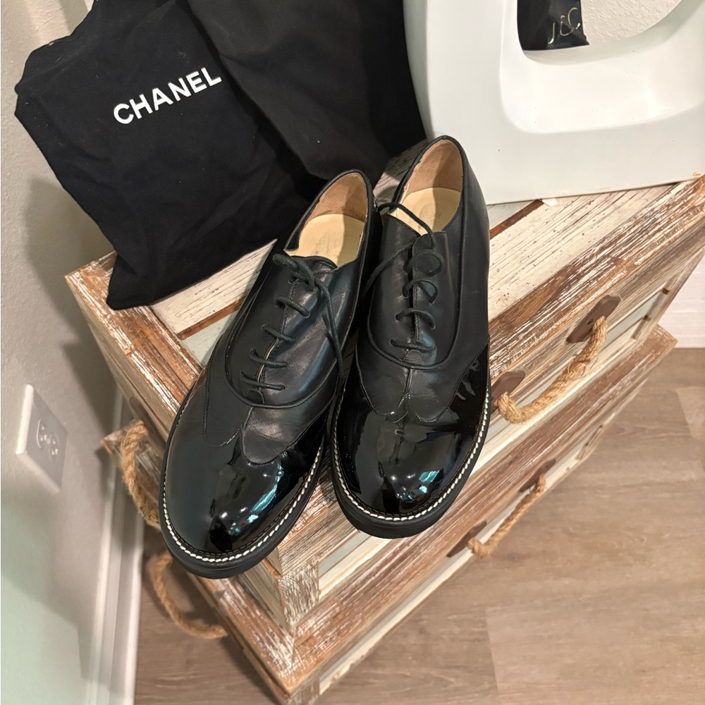 CHANEL Black Patent Leather Oxfords
